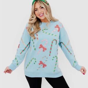 Festive Candy Cane Light Blue Sweater